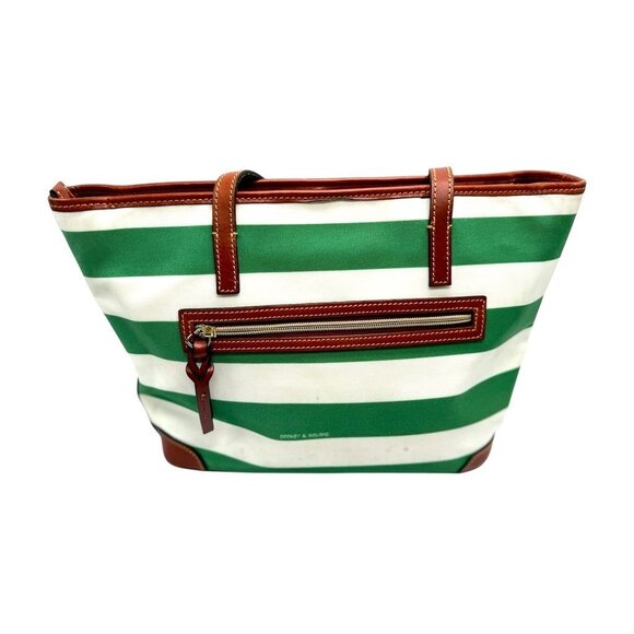 Dooney & Bourke Green & White Striped Canvas Tote Bag With Leather Trim & Red In - Picture 3 of 11